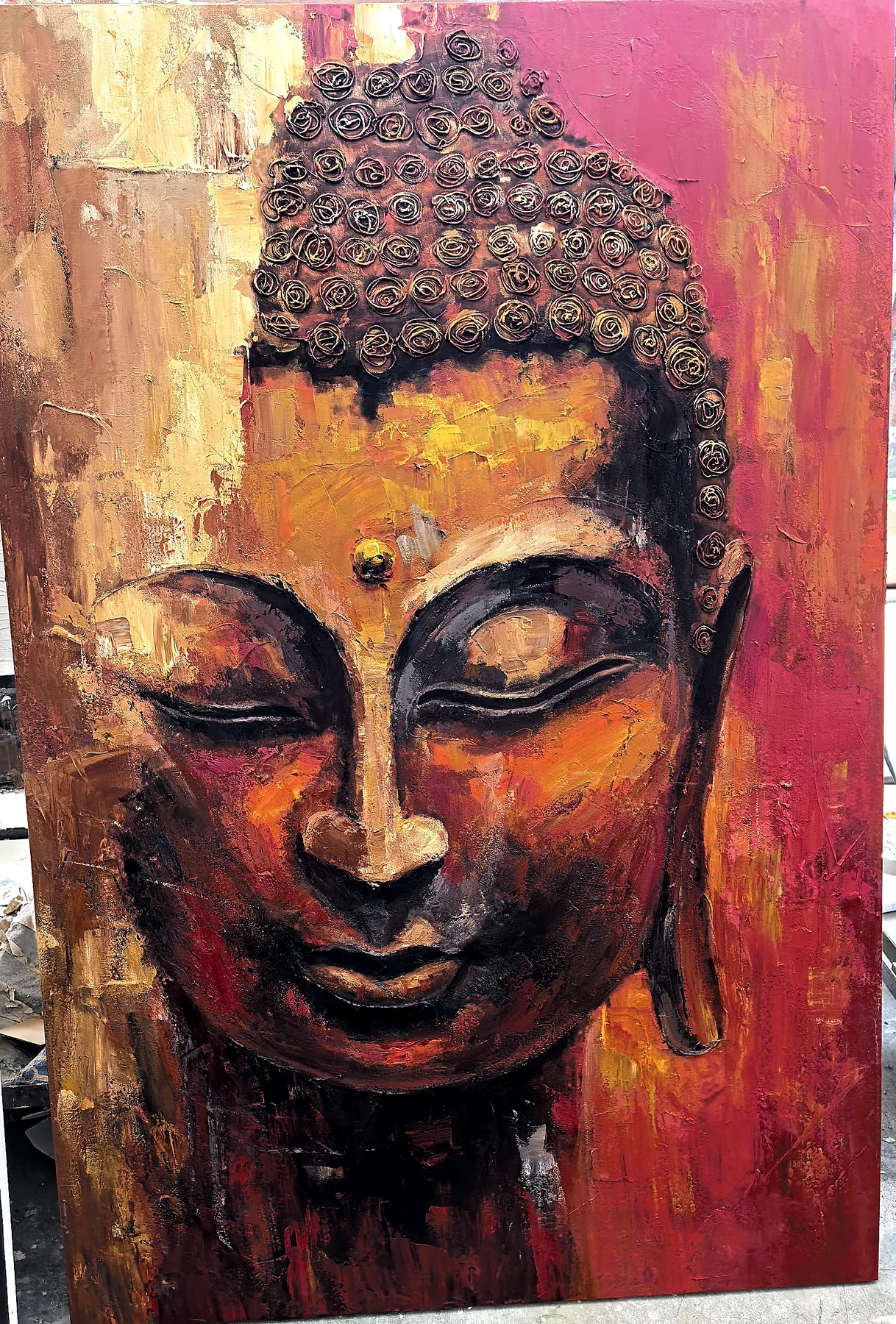 Original textured Buddha painting in red, gold and black